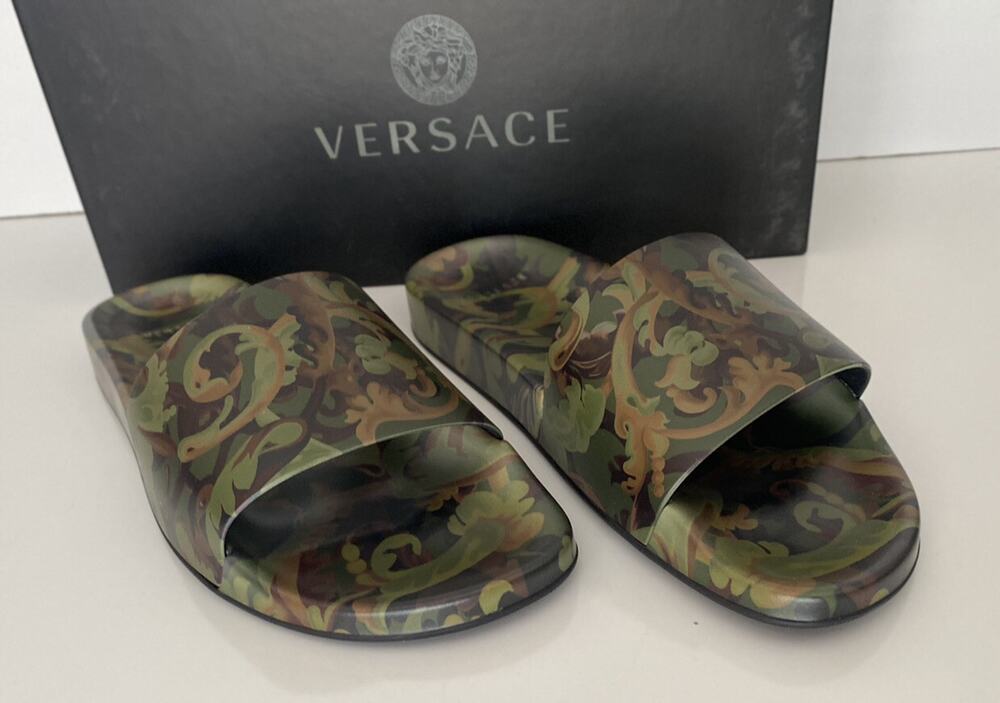 NIB $395 Versace Baroccoflage Slides Sandals Khaki 9 US (42 Euro) IT DSU6516